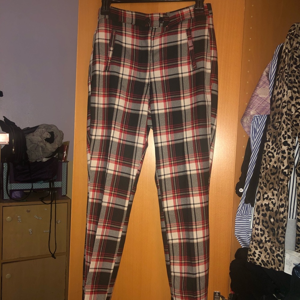 High Waisted Skinny Plaid Button Pants